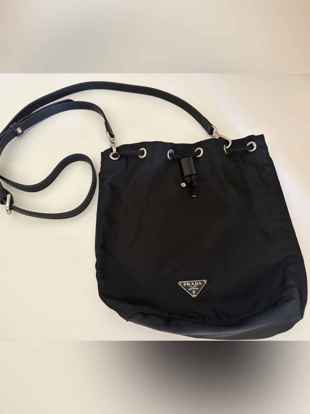 Vintage PRADA Black Nylon Pouch Drawstring Crossbody Bag - Picture 10 of 11